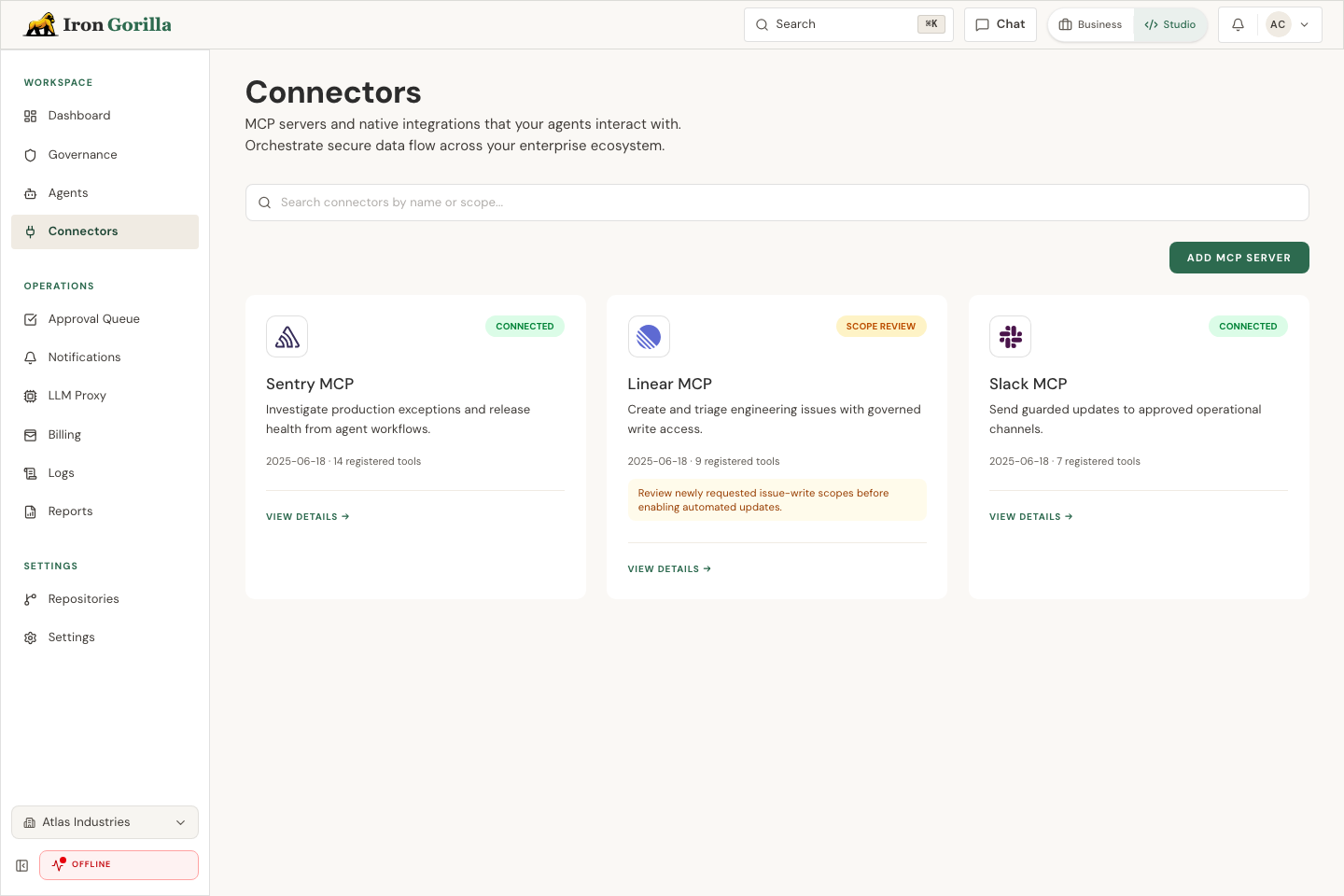 Iron Gorilla connectors page with MCP servers, native integrations, status, and tool counts.
