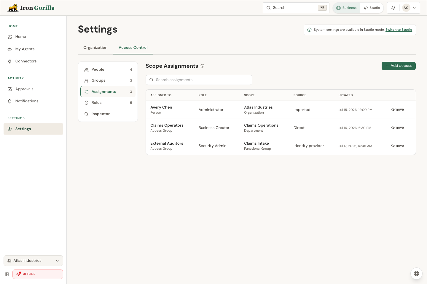 Iron Gorilla Scope Assignments page showing people and Access Groups connected to roles and organization scopes.