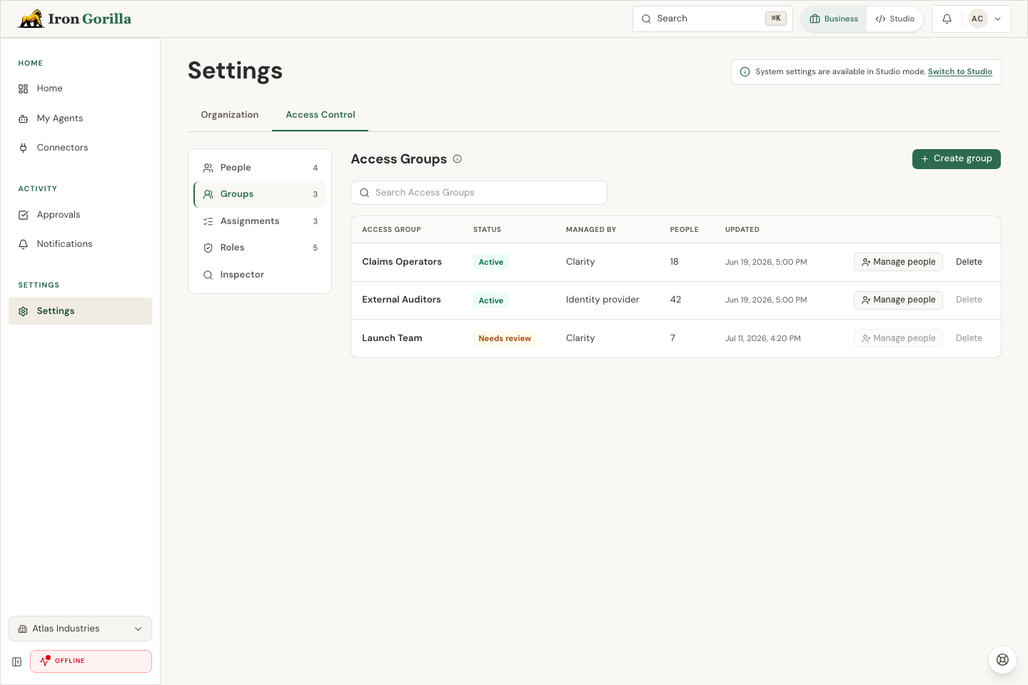 Iron Gorilla Access Groups page showing locally managed and identity-provider-managed groups.