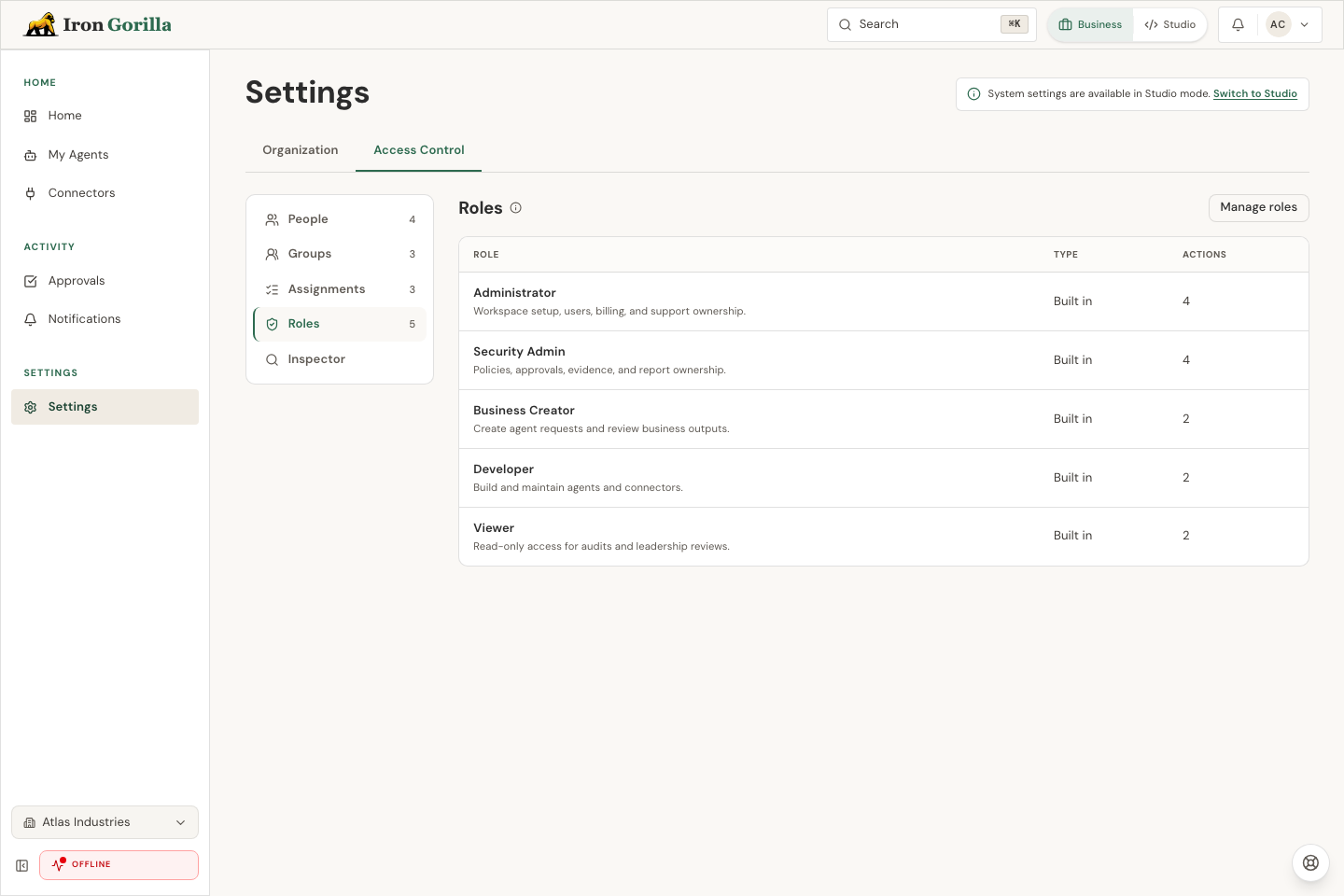 Iron Gorilla Access Control Roles page showing role names, role types, and available action counts.