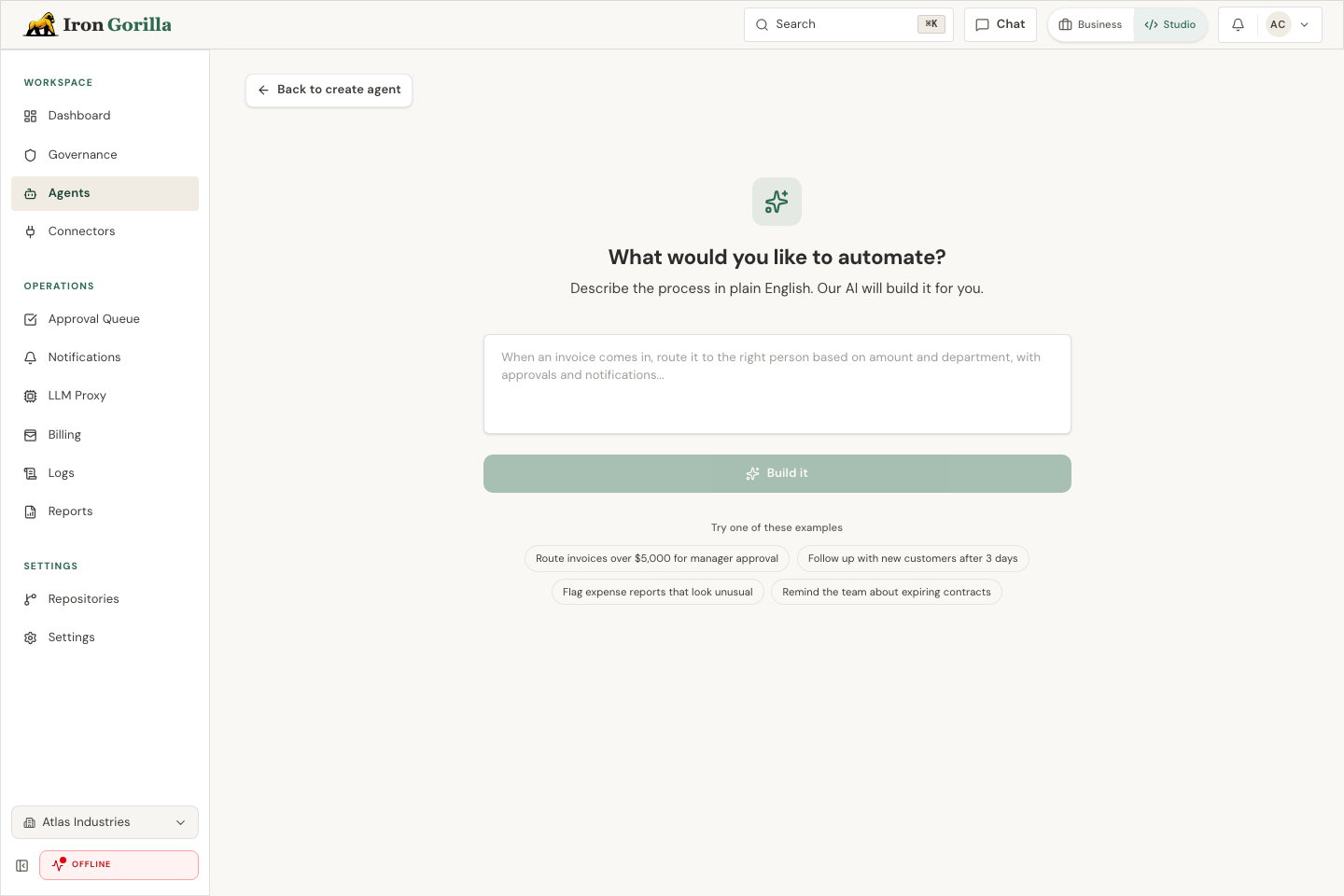 Iron Gorilla Agent Builder workspace with business request, source tree, validation, and deploy controls.