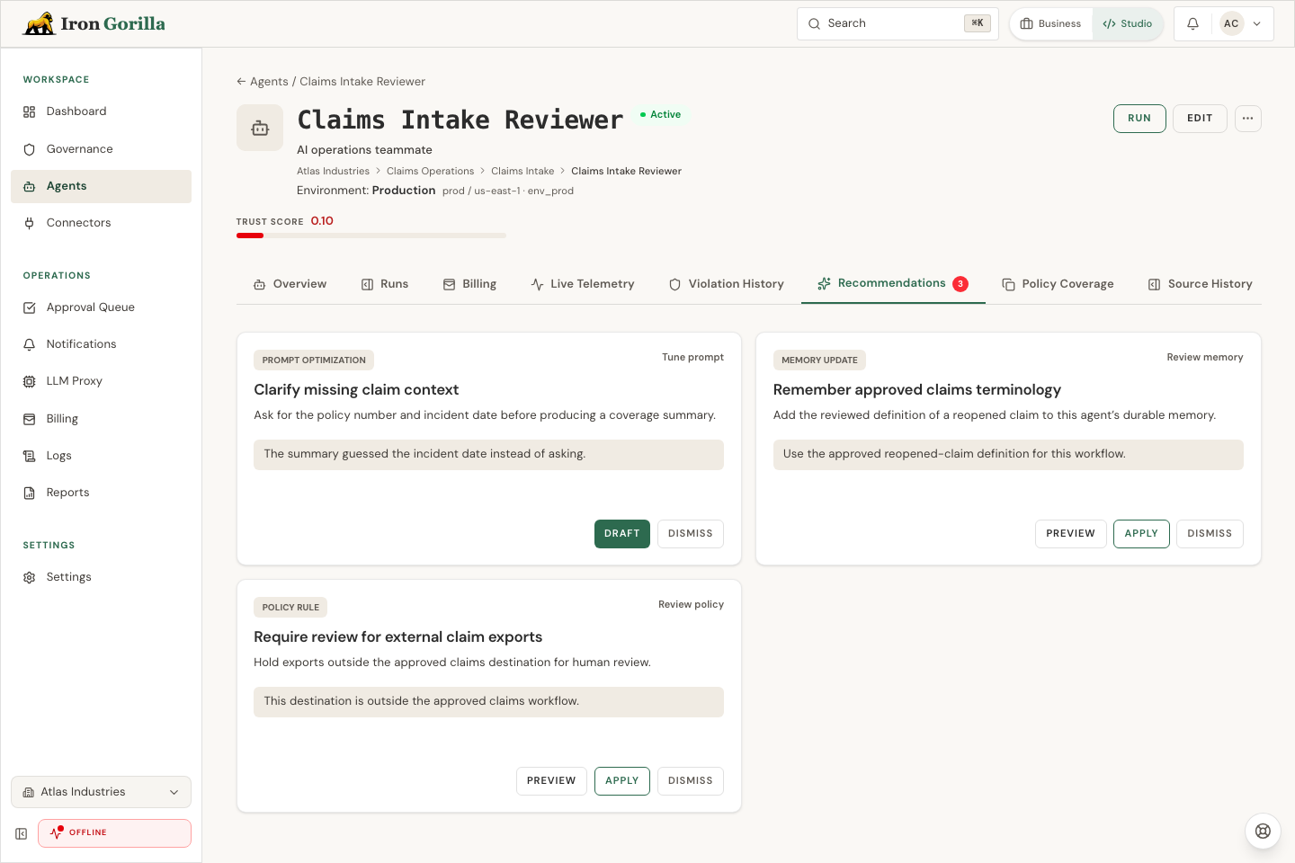 Iron Gorilla agent recommendations showing prompt, memory, and policy improvements generated from reviewed feedback.