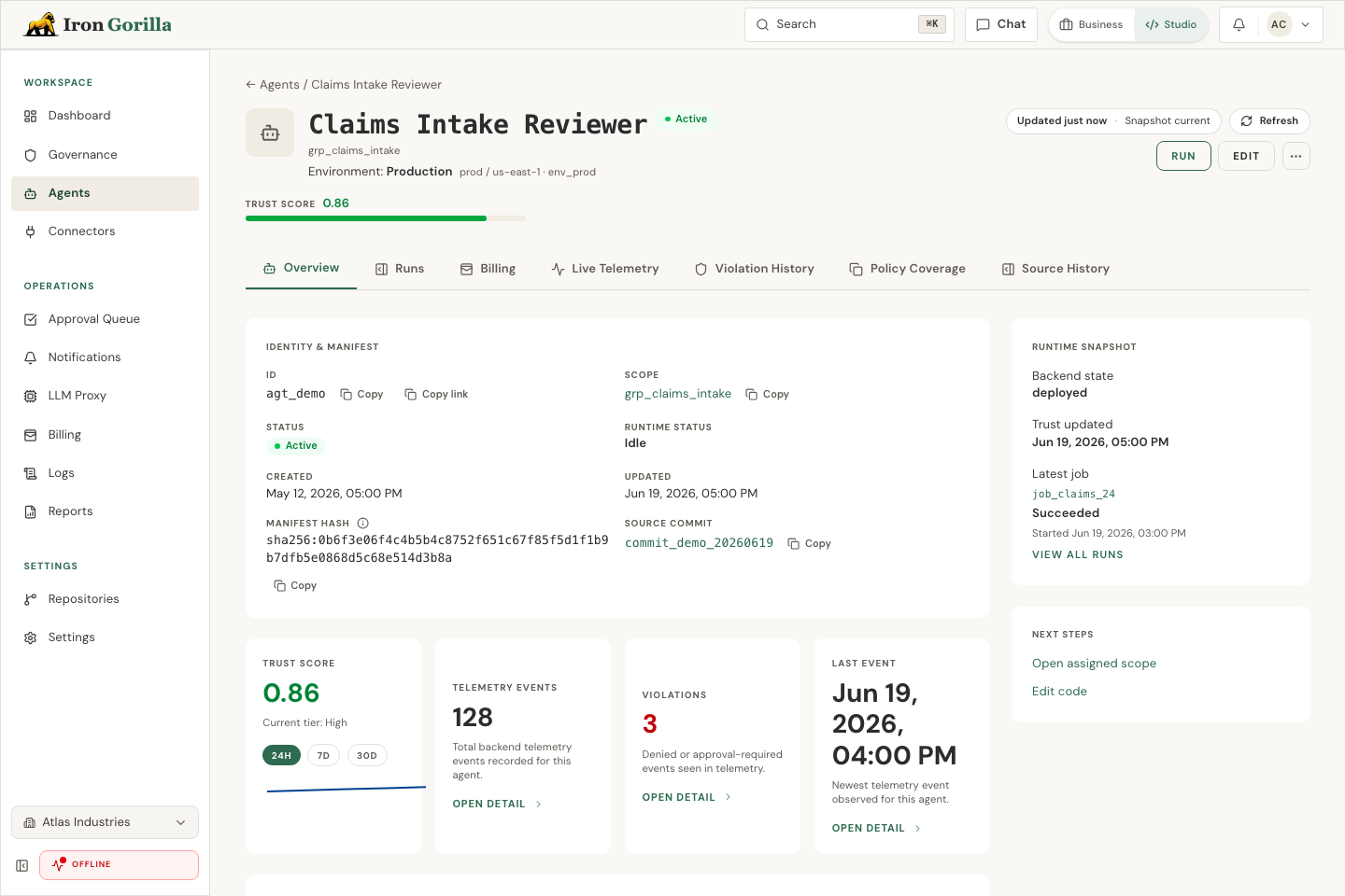 Iron Gorilla agent detail page showing trust score, drift signals, approvals, and recent activity.