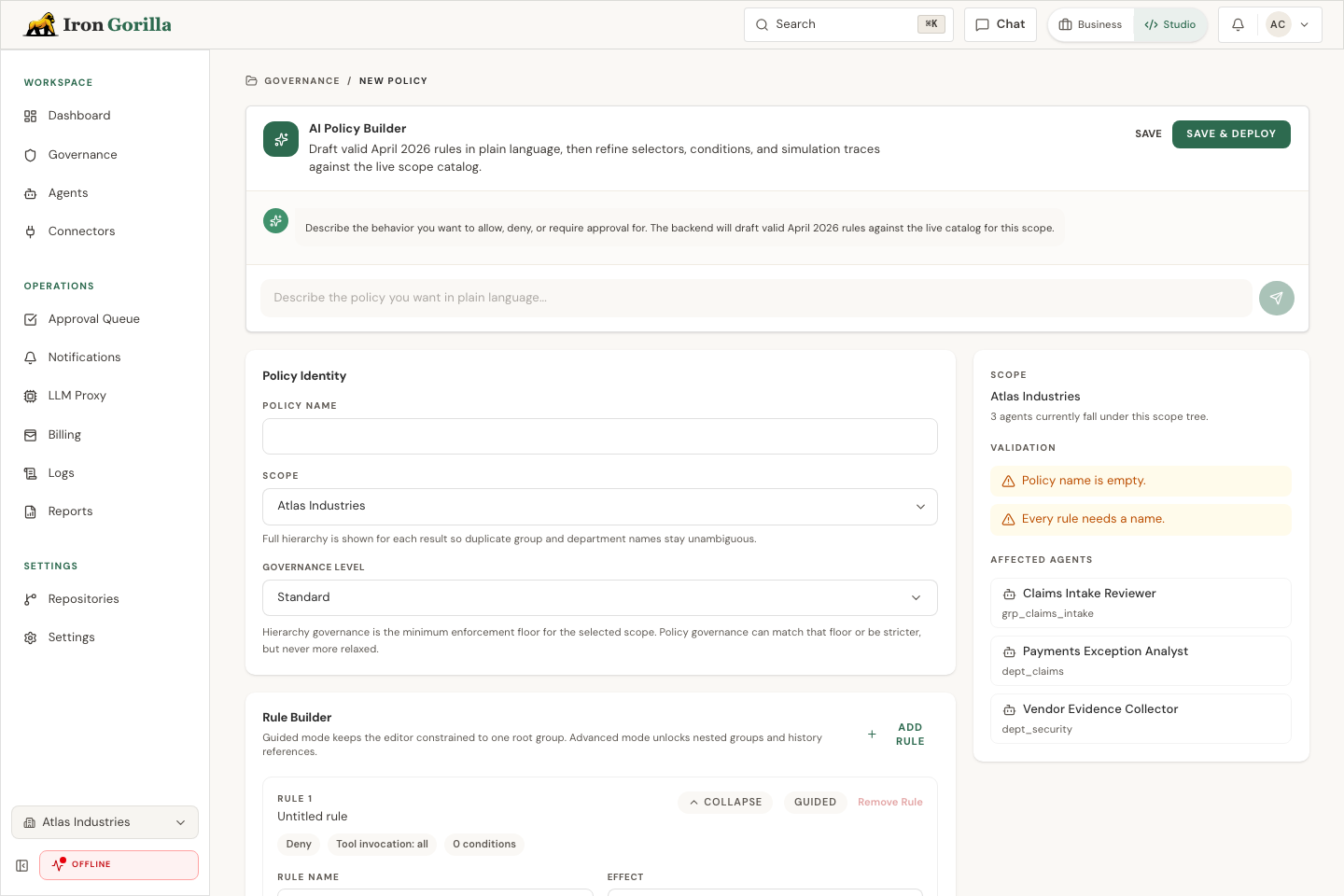 Iron Gorilla policy editor with plain-language policy intent, generated rule, and simulation output.