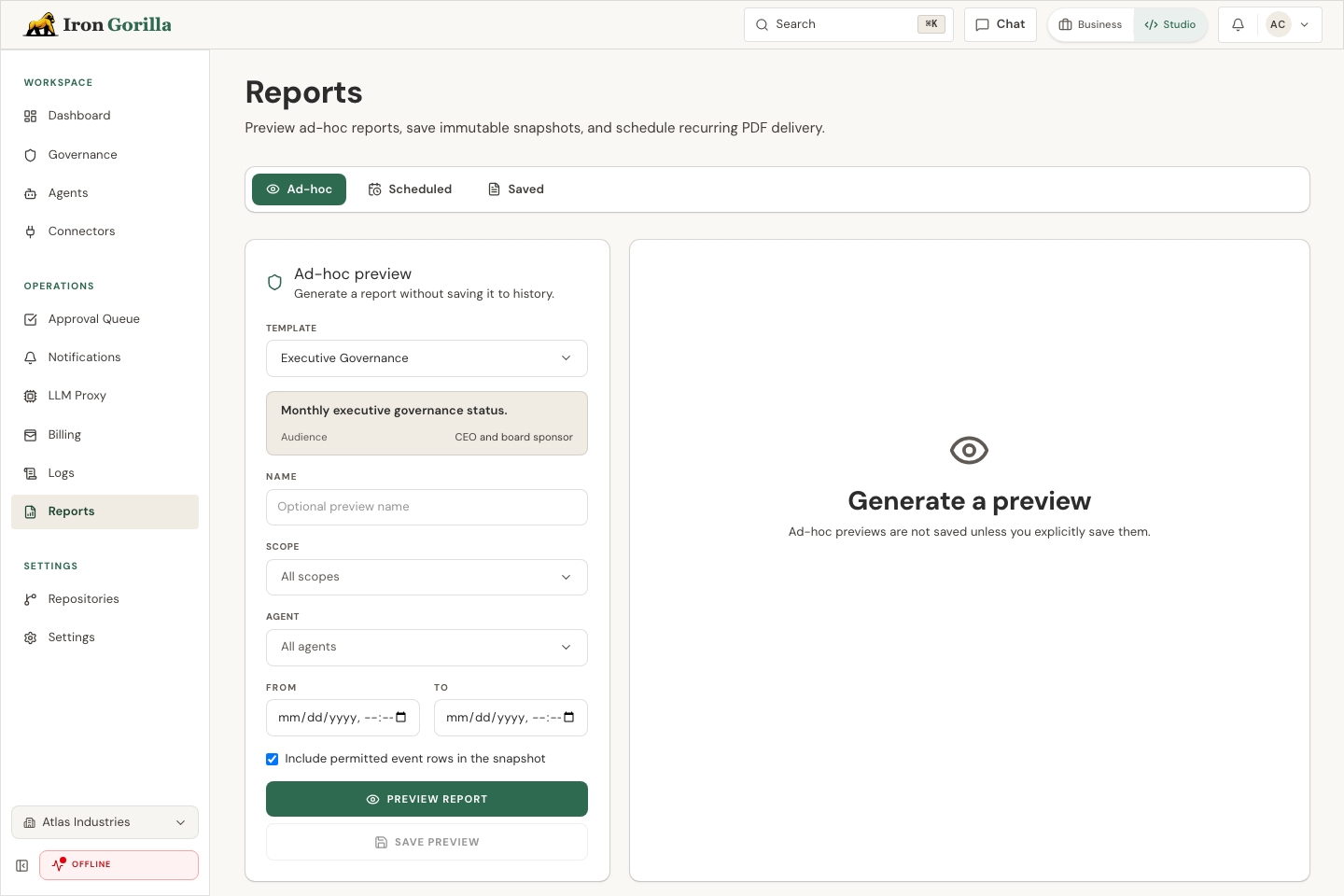 Iron Gorilla reporting page with report template controls, preview, schedule, and export actions.