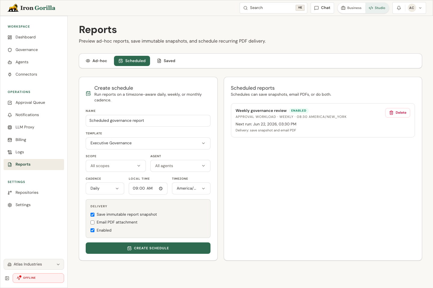 Iron Gorilla scheduled reporting page with cadence, timezone, recipients, delivery options, and saved schedules.