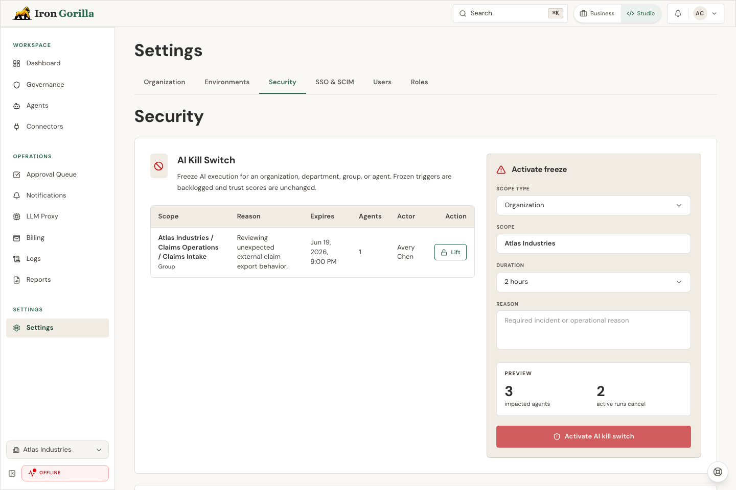 Iron Gorilla Security settings showing the AI Kill Switch scope, reason, duration, and impact preview controls.